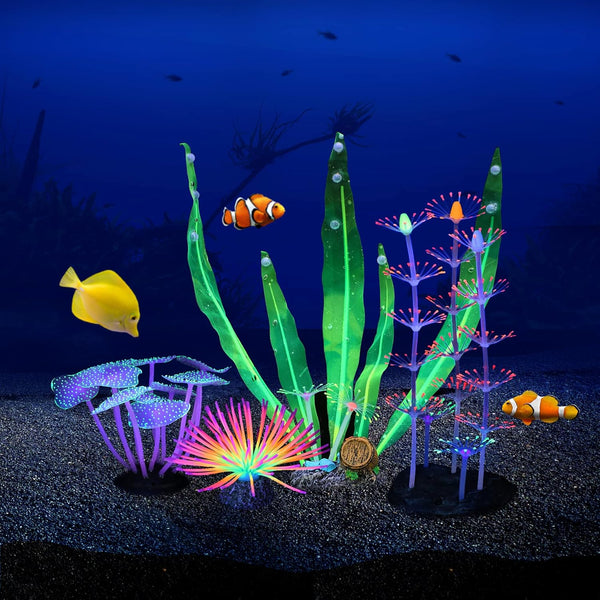 Glowing Fish Tank Decorations, 4 pcs Glow Aquarium Ornaments (Purple Coral, Rainbow Sea Urchin, Green Kelp, Pink