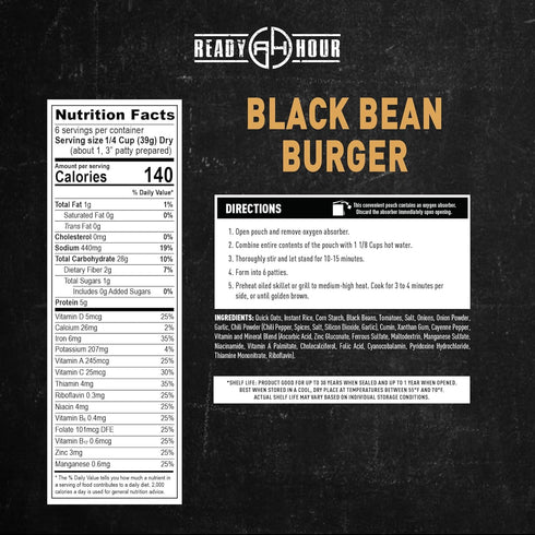 Pack 36 (6 Ready Hour Black Bean Burger Mix Case Servings Pouches) Emergency Vegetarian Food, Long Term Storage