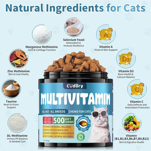 500 Immune, (90-Day Taurine for Cats Vitamins Treats Snacks Cat Multivitamin Crunchy & Creamy Chews Supports Joints