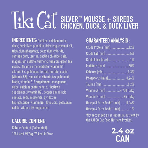 Tiki Cat Silver Comfort Mousse + Shreds, Chicken & Duck and Duck Liver, Immune Support for Older Cats Aged 11+, 2.4 oz