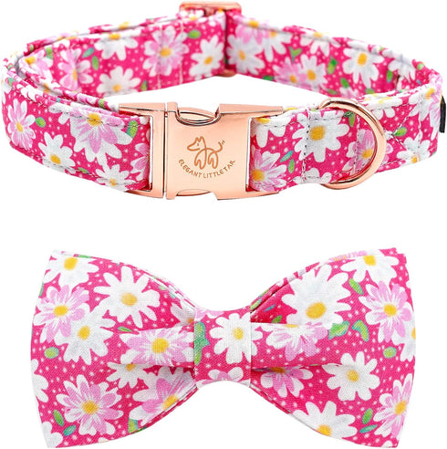 Elegant Little Tail Dog Collar with Bow, Pink Floral Adjustable Collar for X-Large Dogs