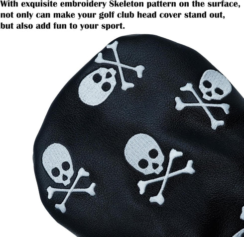 Skeleton Golf Club Headcover - Skull and Crossbones Driver, Fairway Wood, Hybrid PU Leather Headcover in White and Black