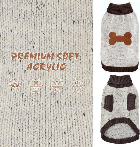 BINGPET Turtle Neck Knitted Dog Sweater for Small Medium Large Dogs with Brown Bone Pattern, Winter Wear