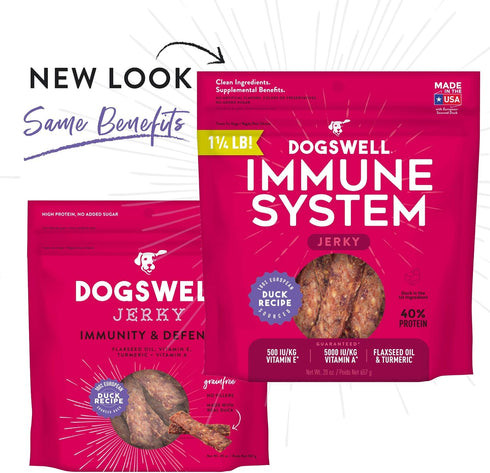 Dogswell Immunity & Defense, 20 oz - Duck Jerky with Flaxseed Oil, Turmeric, Vitamin E & A for Healthy Aging