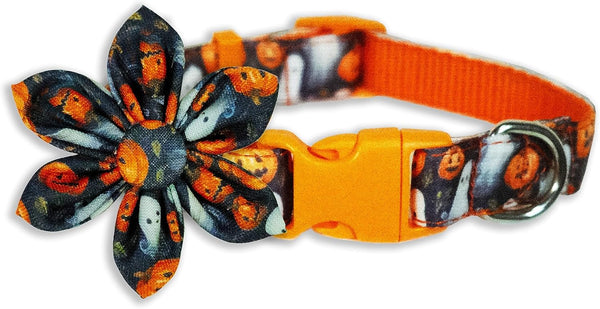 Halloween Dog Collar with Sunflower Bow - Holiday Pumpkin and Spook Collar for Small, Medium, Large Pets, Puppies