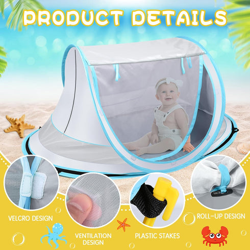 50+ Baby Beach Tent,Large Pop Up Beach Tent Sun Shade for Beach,Portable Baby Travel Tent with Mosquito Net,Indoor Baby