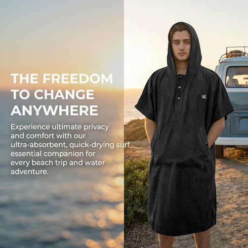 Swimming, Catalonia Hooded Surf Poncho, Changing Robe for Surfing Quick Dry Swim Pool Towel for Men Women, Black