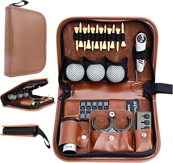 Wolfman Golf Accessories Set with Hi-End Case, Golf Balls, Rangefinder, Tees, Brush, Divot Knife, Scorer