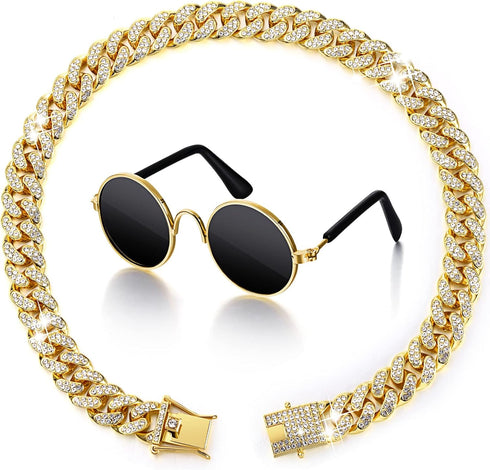 Xuniea 2 Pieces Cat Dog Chain Collar and Sunglasses Set - Rhinestone Collar with Secure Buckle, Gold, Black