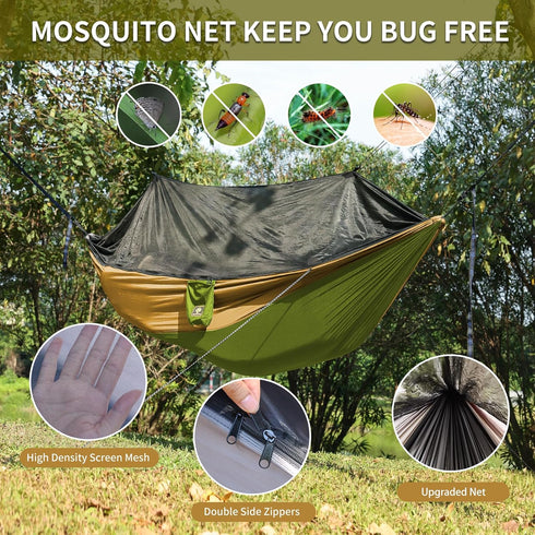 Portable Camping Hammock with Net, Lightweight Double Hammocks with Tree Straps, Parachute Nylon for Hiking Green&Khaki