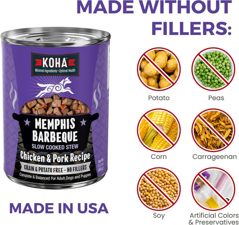 12.7oz 12) KOHA Memphis BBQ Stew for Dogs with Chicken and Pork, High Protein Wet Dog Food, Cans (Case