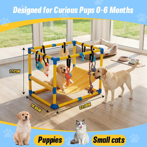 Bullro 8 Hammock Puppy Play Gym with Hanging Toys, Dog Jungle Gym Indoor with and Funny Enrichment Toys, PVC Frame