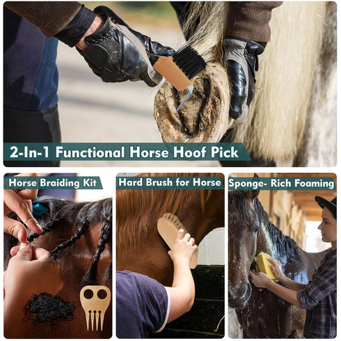 13Pcs Set Horse Grooming Kit for Bathing, Horse-Brush with Mesh Bag, Shower Brushes, Braiding and Curry Comb, Sweat