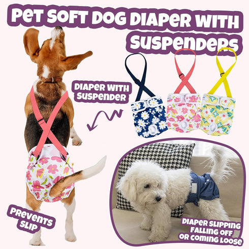 3 Pack Pet Soft Dog Diapers Female with Suspenders, Reusable Female Dog Diapers for Heat, Dog Period Panties for Doggie