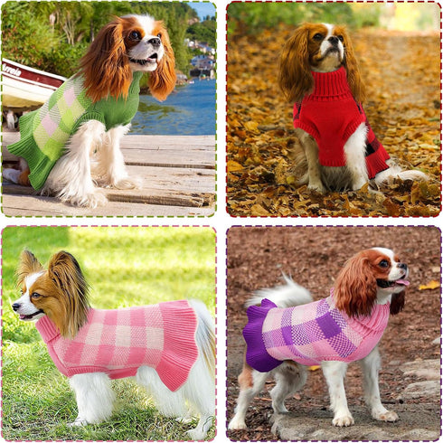 Dog Sweater Dress, Plaid Knitwear for Small Medium Dogs, Warm Turtleneck Pullover with Leash Hole for Christmas (Red,