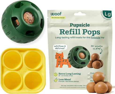 WOOF Starter Pack - Pupsicle Interactive Dog Toys, Silicone Dog Treat Mold and Pupsicle Refill Pops Chicken for Large