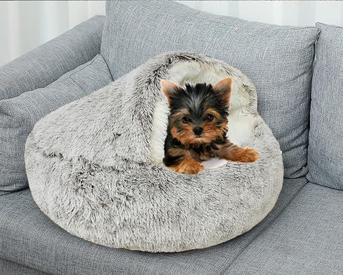 Dog Cave Bed for Small Dogs Cats, Anti-Anxiety Calming Plush Bed, Fluffy Covered Hooded Cozy Burrow, Washable,