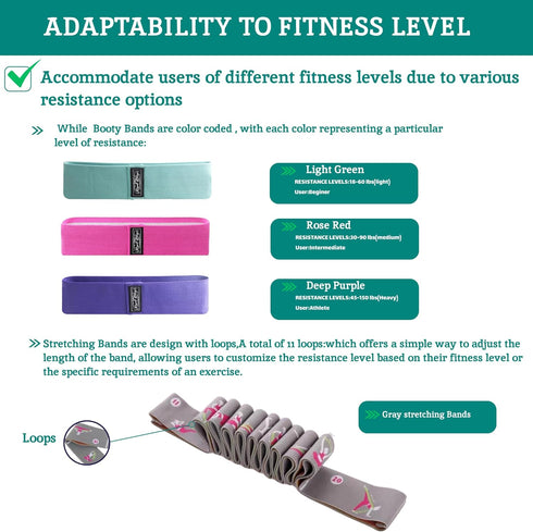 Workout Equipment Resistance Bands with Stretching Band- Ideal for Pilates, Home Workouts, Gym - 4 PCS Gray & Light Green, Rose Red, Deep Purple Resistance Bands and A Stretching Strap by Royal Blaze