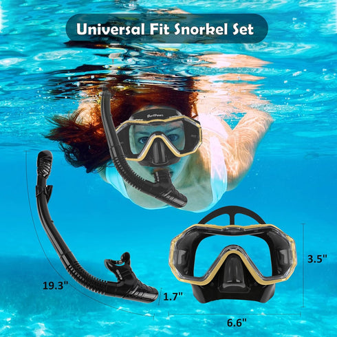 Snorkeling Gear Set for Adults: Anti-Fog Mask, 3-Piece Dry Top Snorkel, Panoramic View with Gear Bag
