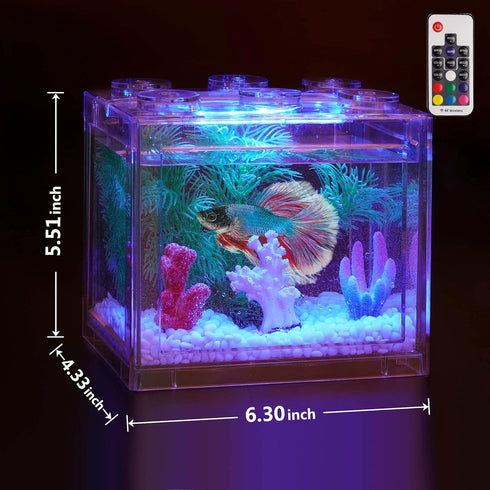 0.6 Gallon Small Betta Fish Tank Kit with LED Lighting, Stackable Beta Fish Bowl Accessories for Turtle Reptile Shrimp