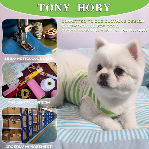 TONY HOBY Dog Pajamas, Summer Sleeveless Jumpsuit with Green Stripes for Small Medium Dogs, White & Green, XL