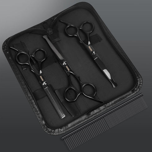 5 1 5 1) Dog Grooming Scissors Kit with Safety Round Tips, GEMEK Professional in Grooming Scissors for Dogs (Black
