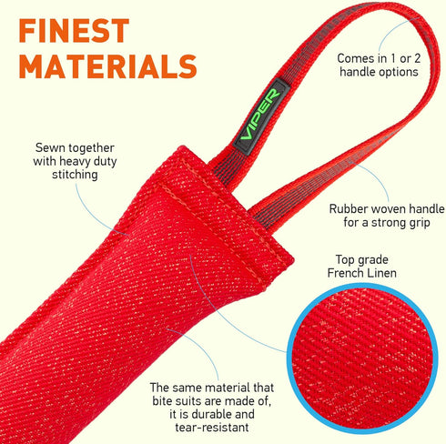 Viper Synthetic K9 Tug Toy Reward with Two Handles for Adult Dogs & Puppies, Ruberized Handles, Red, 12" x 2"