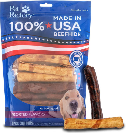 Pet Factory 100% Made in USA Beefhide 5" Chip Rolls Dog Chew Treats, Beef & Chicken Flavor, 20 Count/1 Pack