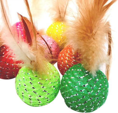 10Pcs Colorful Rainbow Flutter Balls with Feather and Bells for Indoor Outdoor Kitty Kitten Interactive Play