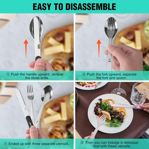 HAUSHOF 4-in-1 Camping Utensils, 2-Pack Detachable Stainless Steel Spoon, Fork, Knife & Bottle Opener for Traveling,
