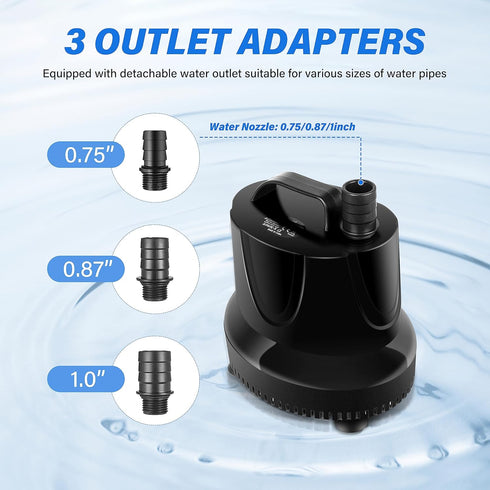 Simple Deluxe 660GPH Submersible Water Pump, 2500L/H 45W, 3 Nozzles, 8.2ft High Lift for Aquarium, Pond, Hydroponics
