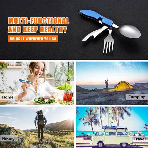 HIKENTURE 2 Pack Camping Utensils, 4-in-1 Stainless Steel Spoon, Fork, Knife, Bottle Opener Combo (Blue)