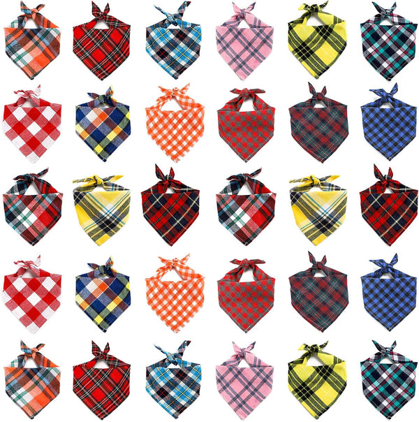Segarty Dog Bandanas, 30 Pack 22.8"x15.7" | Triangle Plaid Bibs for Medium Small Dogs, Adjustable Washable Kerchief