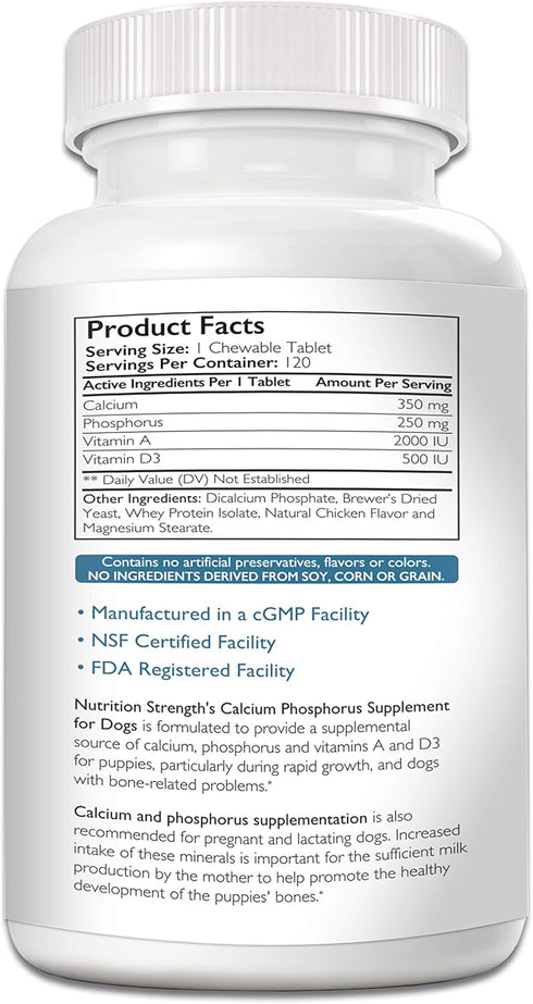 Calcium Phosphorus Supplement for Dogs, Promote Healthy Bones and Puppy Growth Rate, 120 Chewable Tablets