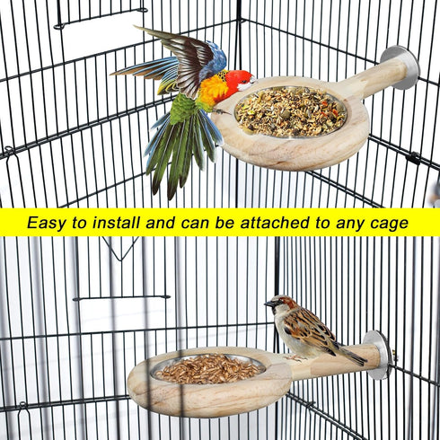 ASOCEA Bird Perch with Feeding Cups, Parrot Wood Stand Toy, Bird Cage Accessory with Stainless Steel Bowls