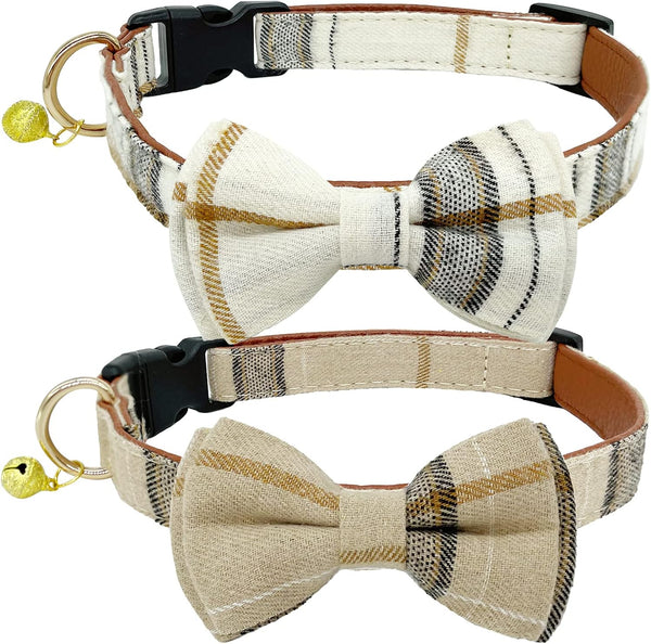 KUDES 2 Pack Dog Collars with Bow Tie and Bells, Adjustable Cute Dog Bow Ties Collar for Small Medium Large Pets (Beige