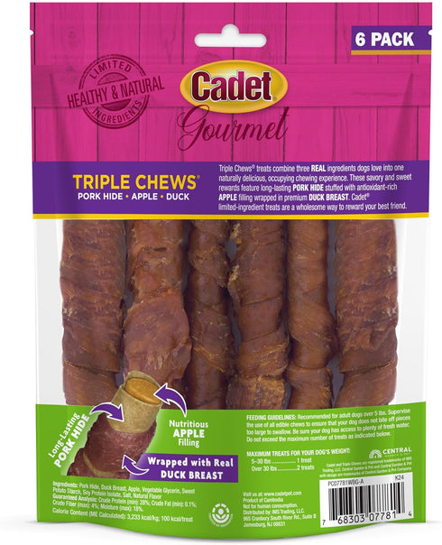 6 Count Cadet Gourmet Triple Chews Long-Lasting Pork Hide Sticks with Apple and Duck, Healthy Dog Treats for Small