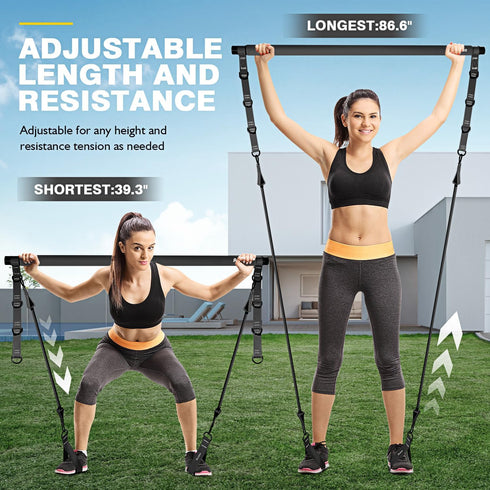 Pilates Bar Kit with Resistance Bands, Adjustable 3-Section Equipment for Home Workouts, Legs, Arms