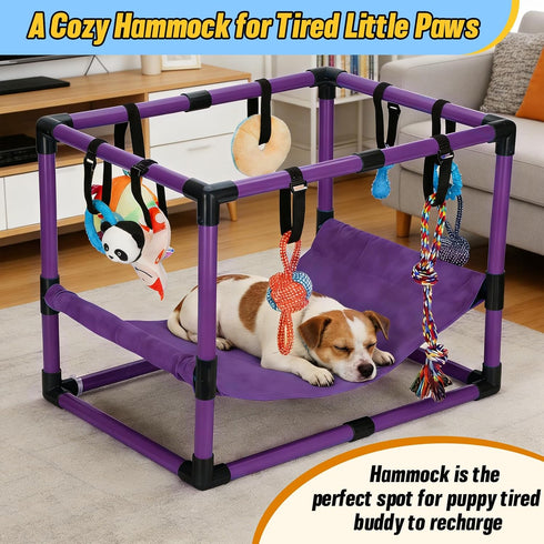 Bullro 8 Hammock Purple Puppy Play Gym with Hanging Toys, Dog Jungle Gym Indoor with and Funny Enrichment Toys, PVC