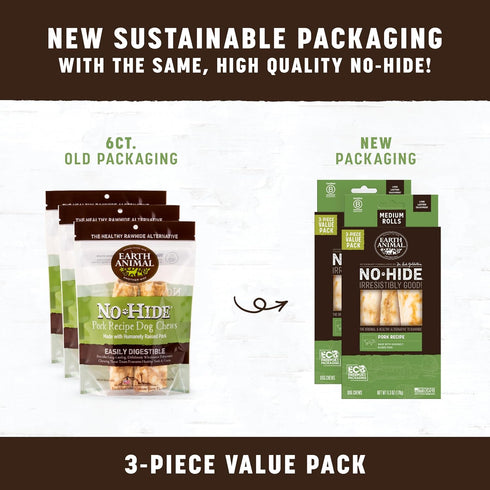 3 Count Pack Earth Animal No Hide Chews - Long Lasting Rawhide Free Medium Dog Chews Rolls, Pork - Value
