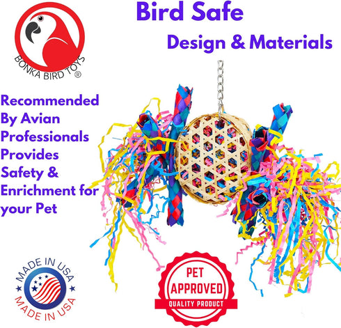 Bonka Bird Toys 1721 Round Basket Bamboo Paper Crinkle Beak Feet Hanging Forage Stuffed for Parrots
