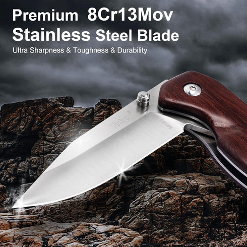 Wood Handle Pocket Knife, 2.9in 8Cr13MoV Stainless Steel Blade, EDC Knife for Hunting, Camping, Hiking, 6.5in