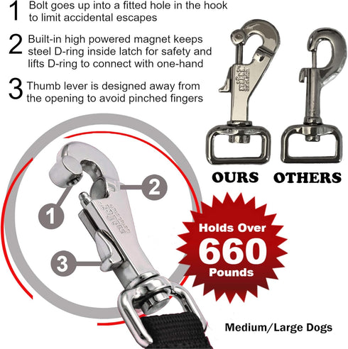 Heavy Duty 6 Foot Dog Leash with Secure Patented SafeLatch Clasp and Built-in Magnet for Large and Medium Dogs