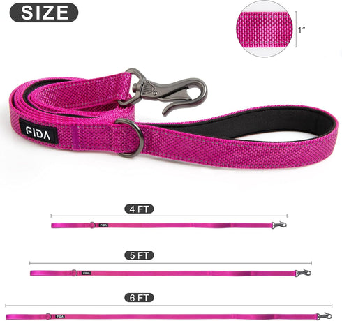 Fida 6 FT Heavy Duty Dog Leash - Rose | 2 Padded Handles, Traffic Handle & Easy Snap Hook | Reflective Lead for All