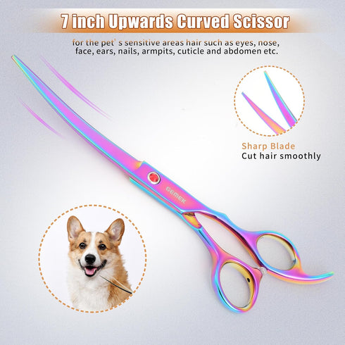 7.0in Set, 6 1 Titanium Professional Pet Grooming Scissors GEMEK in Straight & Thinning & Upwards Curved & Downwards