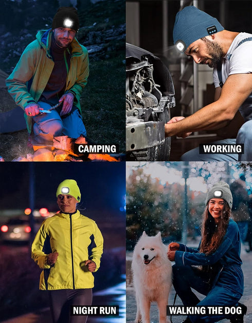 Wmcaps Bluetooth Beanie with Light, Unisex USB Rechargeable Hat with Cordless Headphones, Unique Gift for Men