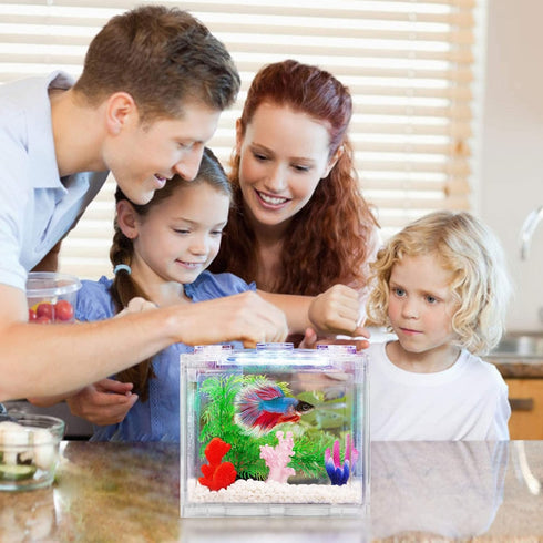 Small Betta Fish Tank, Aquarium Tank Kit with LED Lighting, 0.6 Gallon Stackable Beta Fish Tank Set, Fish Bowl Accessories for Turtle Reptile Shrimp Crab Insects as Decoration