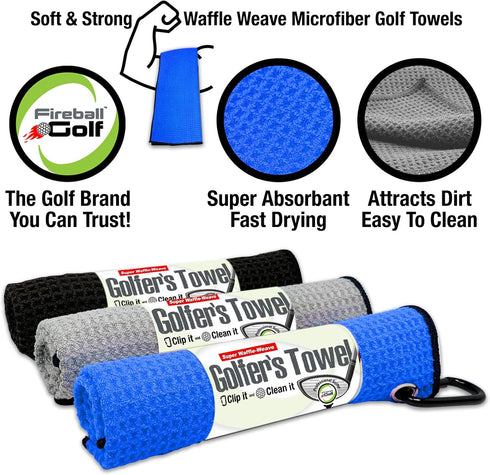 Fireball Golf Towel Gifts Set - 3 Towels, Divot Tool, Ball Marker, Cleaning Brush, Many Colors Available