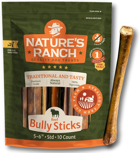 Nature's Ranch Bully Sticks for Dogs 56 Inch (10 Pack), Low Odor