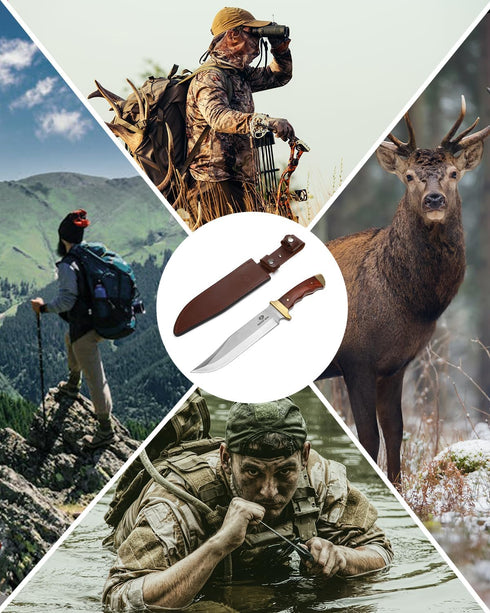 Mossy Oak 14-inch Bowie Knife - Full-tang Fixed Blade, Wood Handle Hunting Knife with Leather Sheath for Camping,